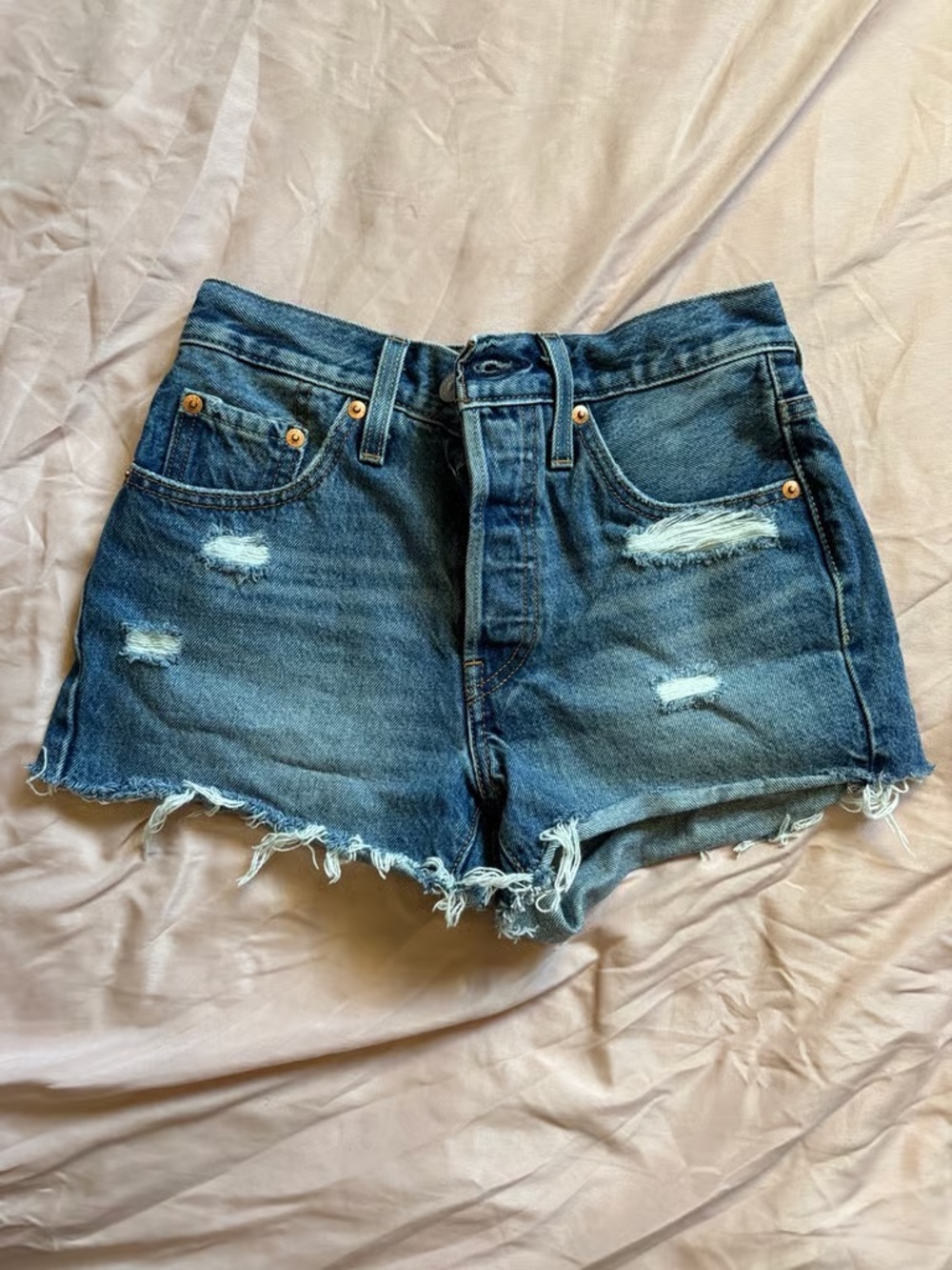Frayed Hem Distressed Denim Shorts - Blue